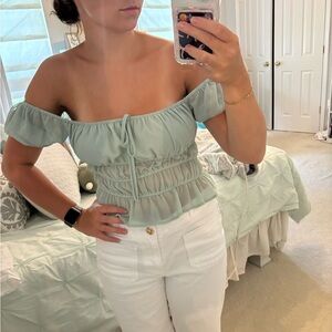 Forever 21 Green Smocked Puff Sleeve Top